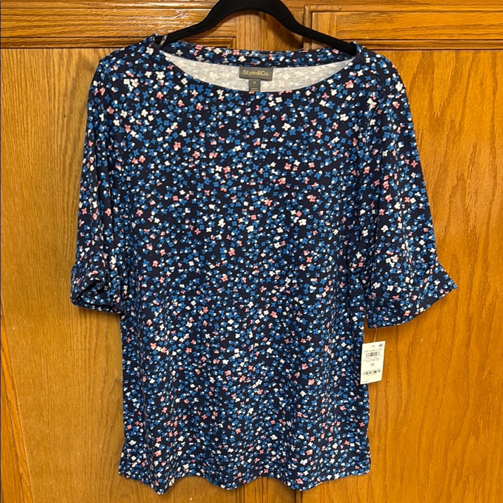 Style & Co. Relaxed Blue Pink 3/4 Sleeve Blouse